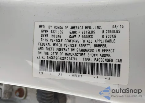 2016 Honda Accord Ex-L из США, поврежденный, VIN 1HGCR2F8XGA010701